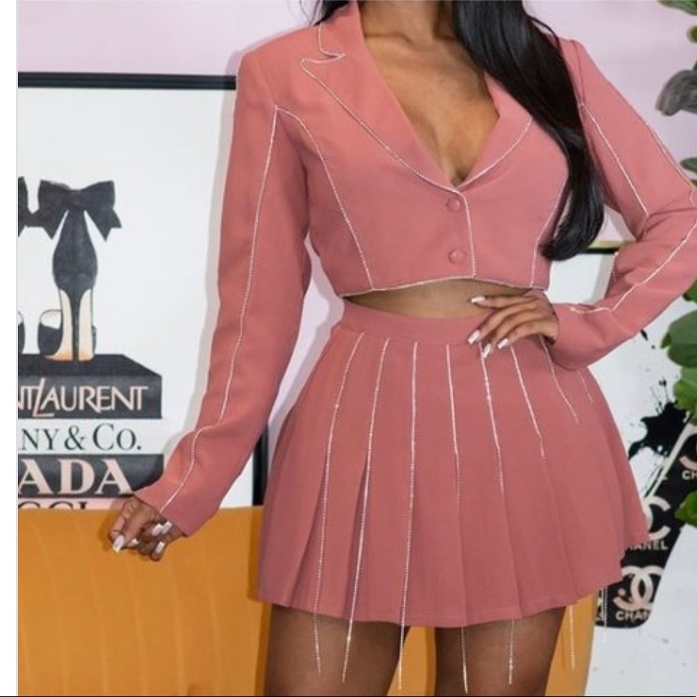 2 piece suit set with rhinestone fringes